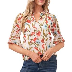 CeCe Floral Print Ruffle Sleeve Blouse